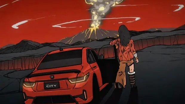 Honda Turns the City Economy Car Into an Anime Adventure Featuring Volcanoes and a Giant Lava Monster