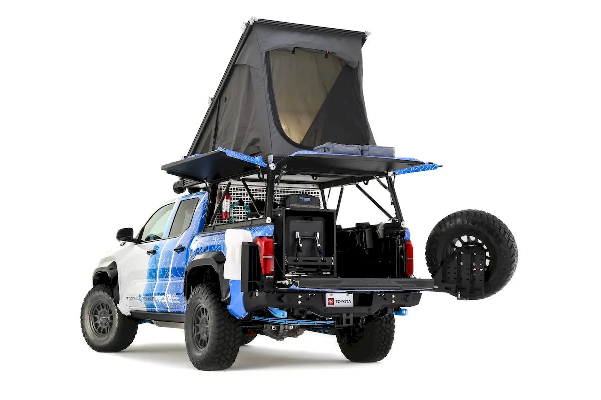 A custom-made rooftop tent, built from recycled carbon fiber, and other in-house designs are featured on the Tacoma H2-Overlanding Concept