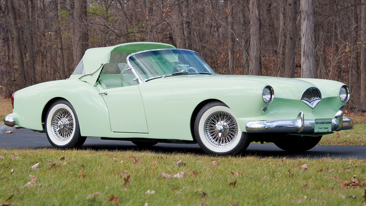 Unlike typical designs of the time, the Kaiser-Darrin's roof had three positions: fully open, fully closed, and an intermediate 'landau' position where the front part of the top was folded down while the rear remained up