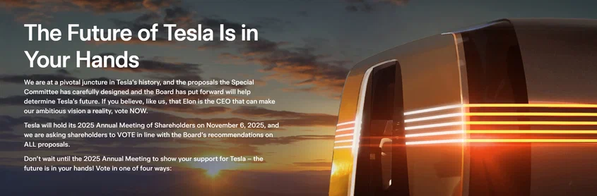 Message to investors on the website votetesla.com