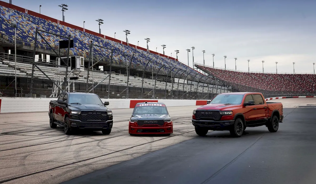 Group shot of Ram Rebel, Ram 1500 NASCAR Truck Series concept and Ram 1500 Black Express. Ram returns to V8-powered racing in 2026 in the Craftsman Truck Series.