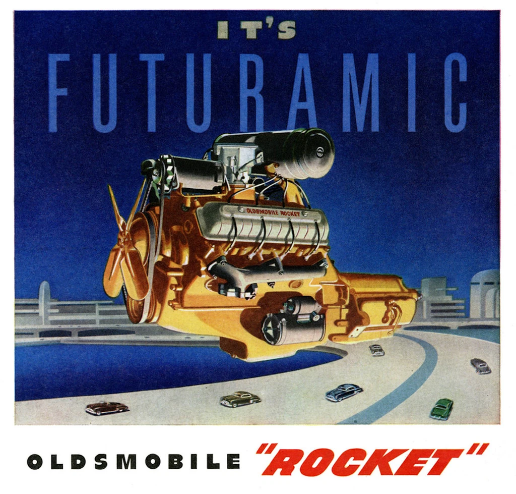 Rocket V8 engine in an advertisement brochure